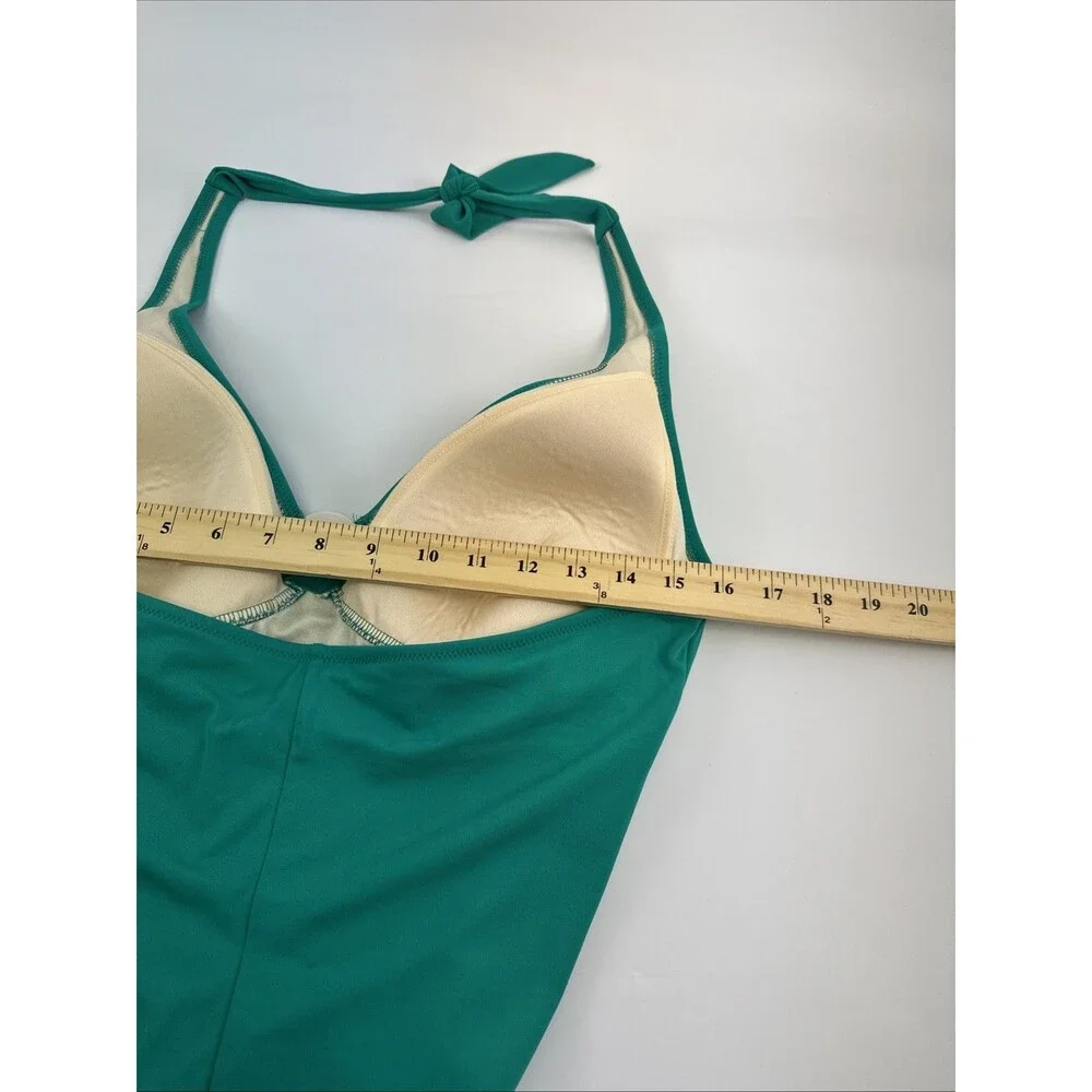 Lands End One Piece Swimsuit Green Halter Tie Neck Ring‎ V-Neck Beach Plus 18